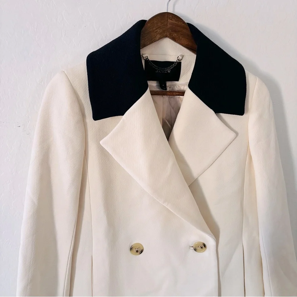 J. Crew Cream Pea Coat with Navy Blue Collar Size 4 EUC Wool Blend - Picture 2 of 12